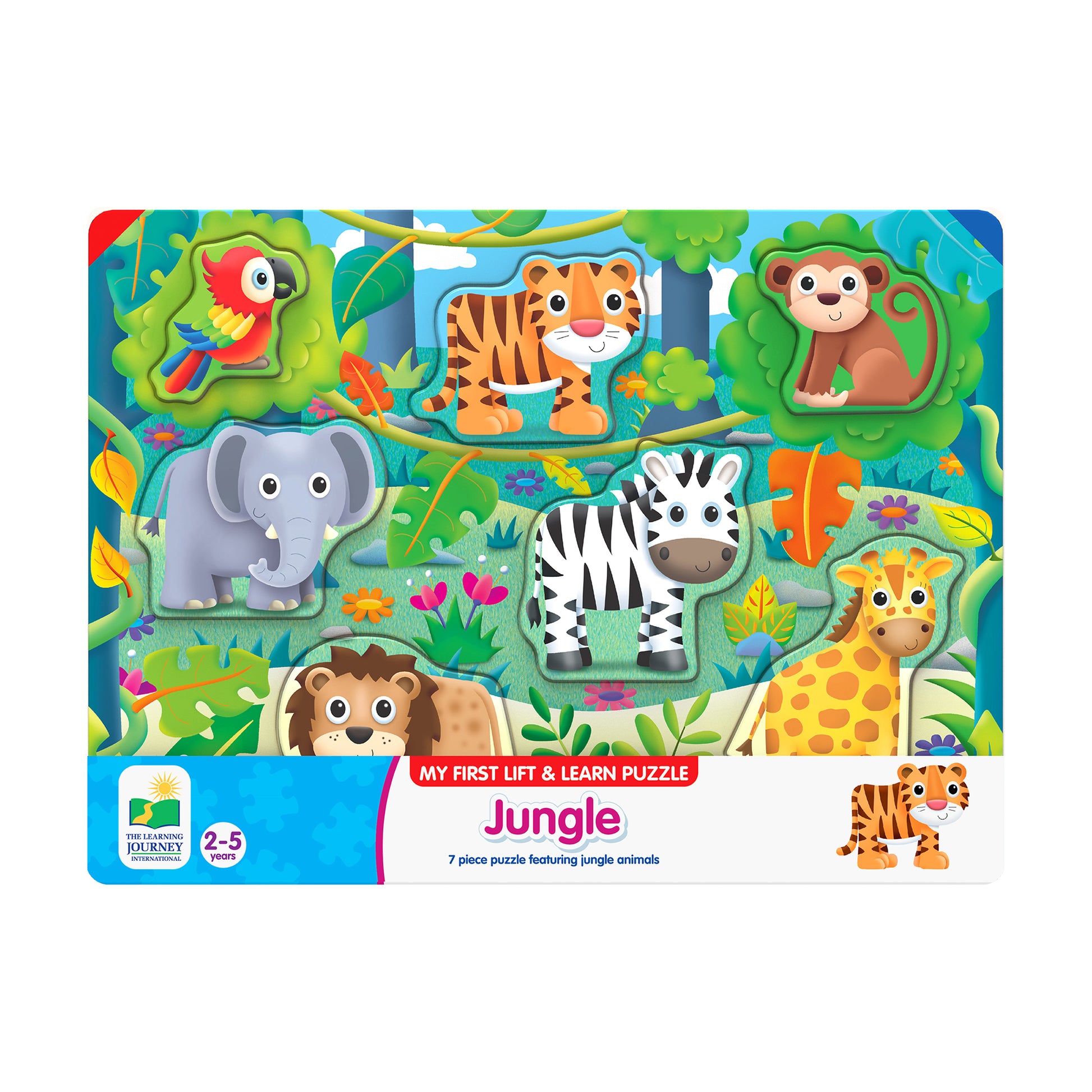 My First Lift & Learn Jungle puzzle with 7 colorful animal-shaped pieces including parrot, tiger, monkey, elephant, zebra, lion, and giraffe on leafy background