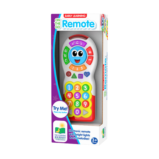 Early Learning On-the-Go Remote electronic toy with bright blue smiley face, colorful button pad with numbers 0-9, ABC letters, shapes, and music notes, on whit