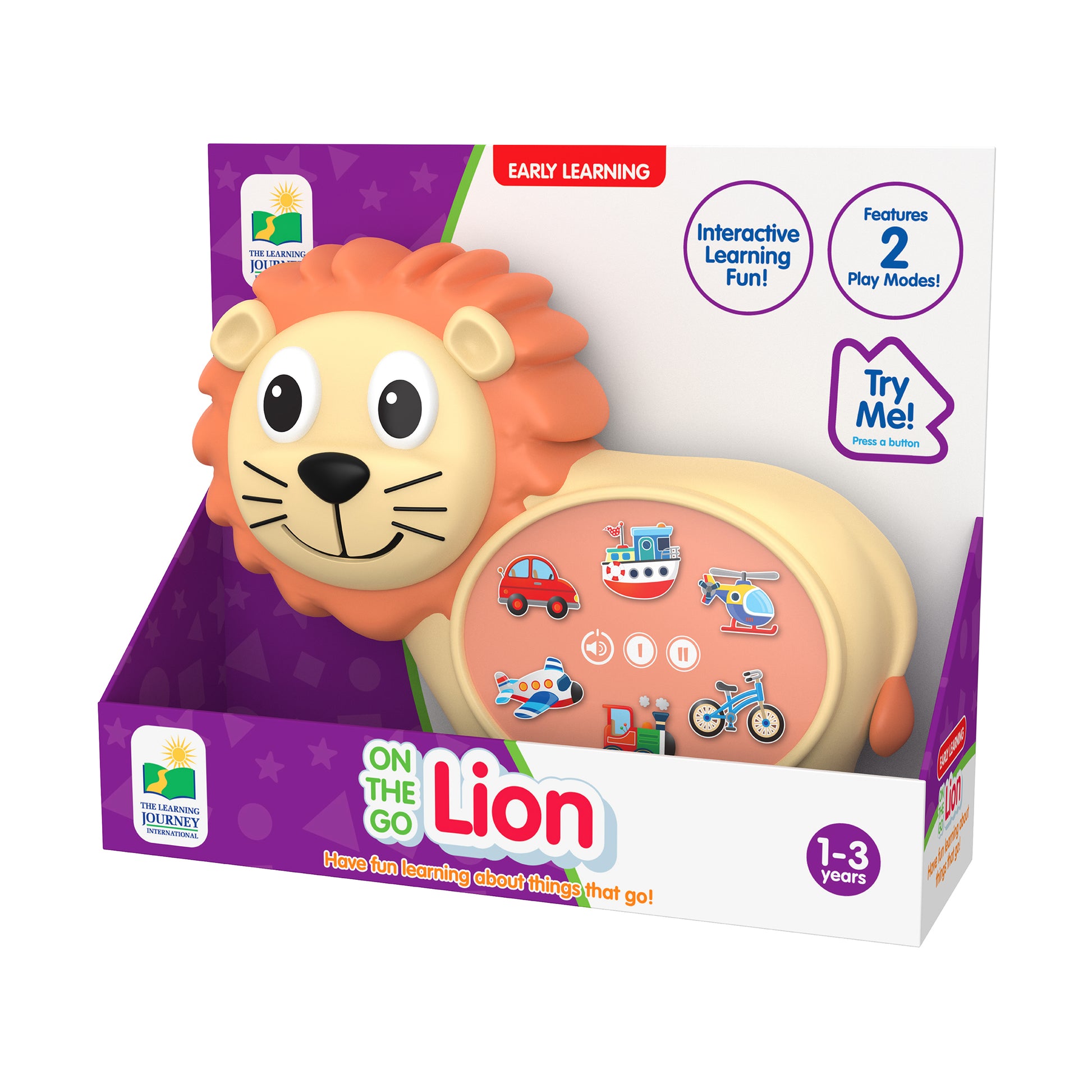 Early Learning On-the-Go Lion interactive toy with orange mane and cream face, featuring a coral-colored activity panel with vehicle icons and buttons, for ages