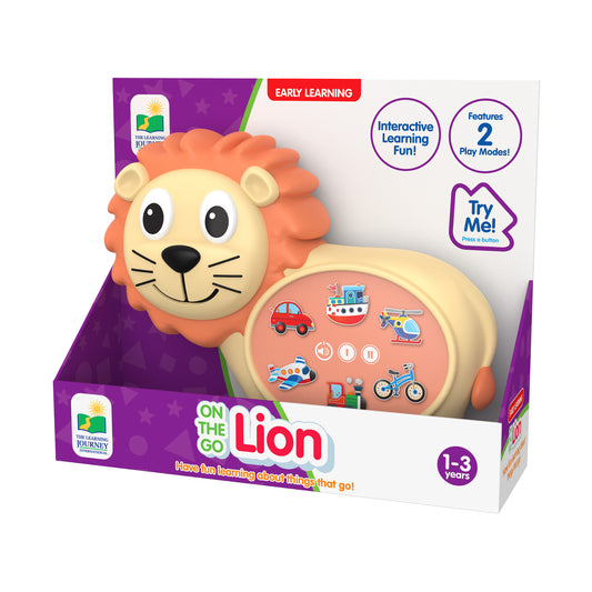 Early Learning On-the-Go Lion interactive toy with orange mane and cream face, featuring a coral-colored activity panel with vehicle icons and buttons, for ages