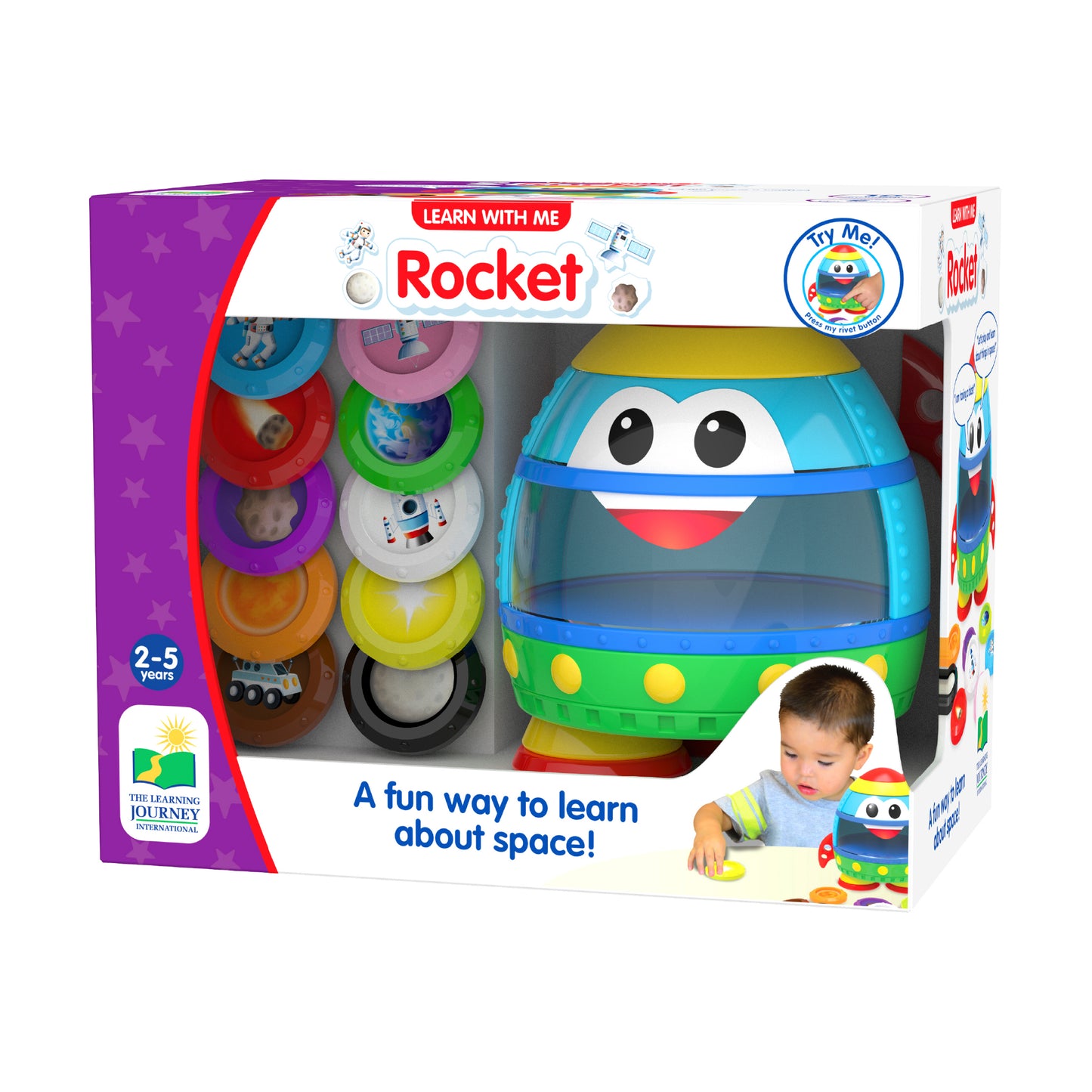 Learn with Me Rocket interactive toy with stacking rings, featuring a colorful rocket character with big eyes and yellow top, modeled by a child