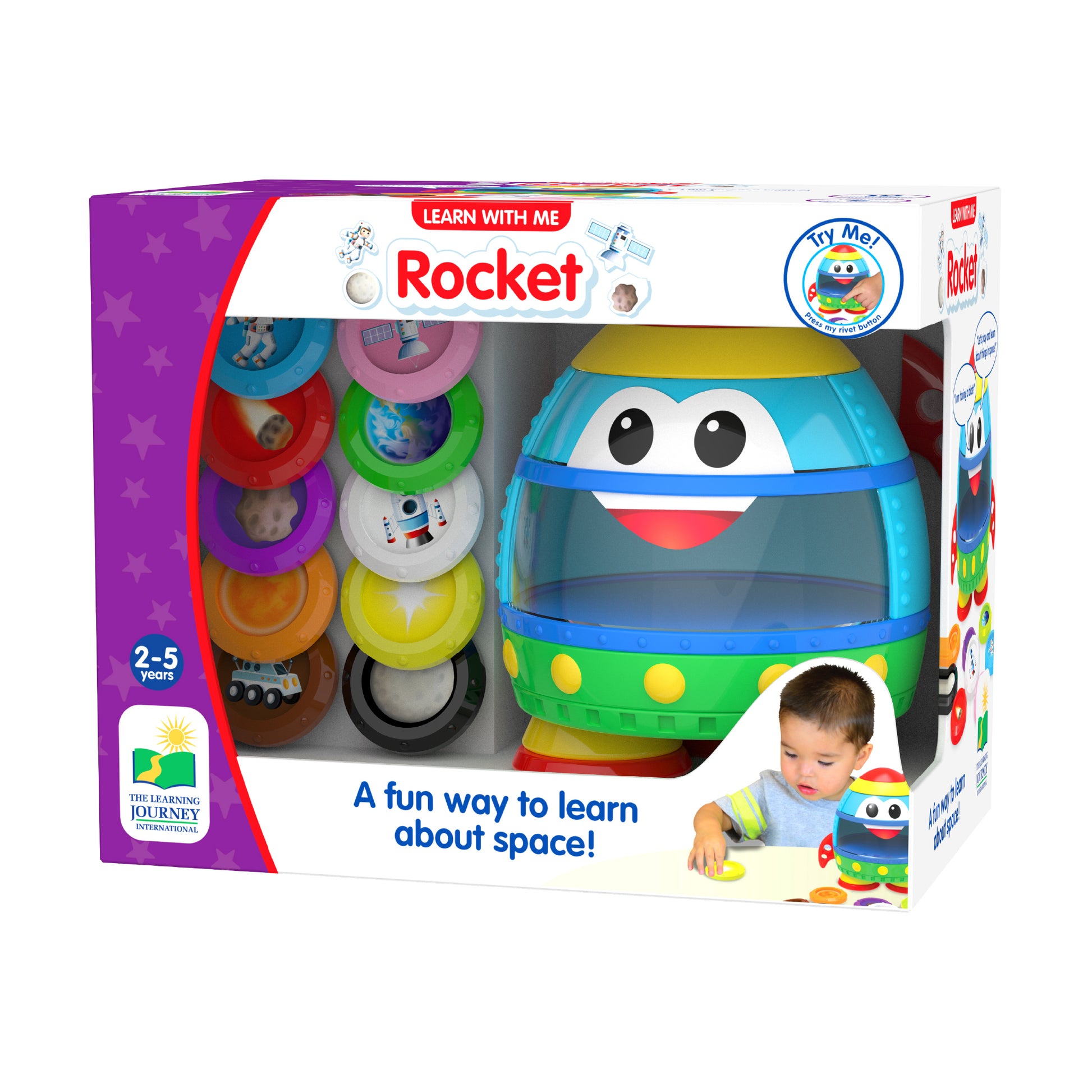 Learn with Me Rocket interactive toy with stacking rings, featuring a colorful rocket character with big eyes and yellow top, modeled by a child