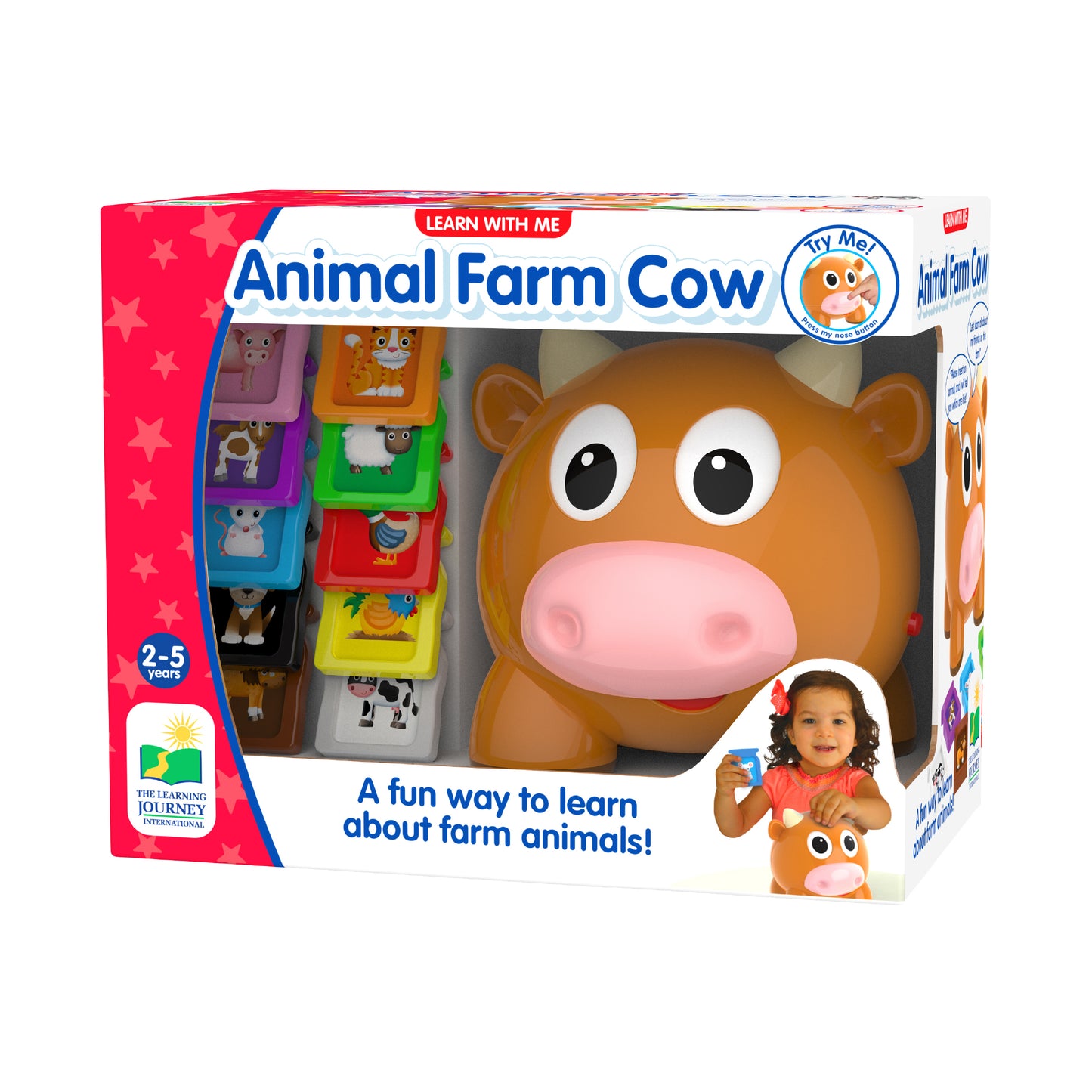 Learn with Me Animal Farm Cow toy with large orange cow head, pink nose, big eyes, and colorful stacking blocks on left side for ages 2-5
