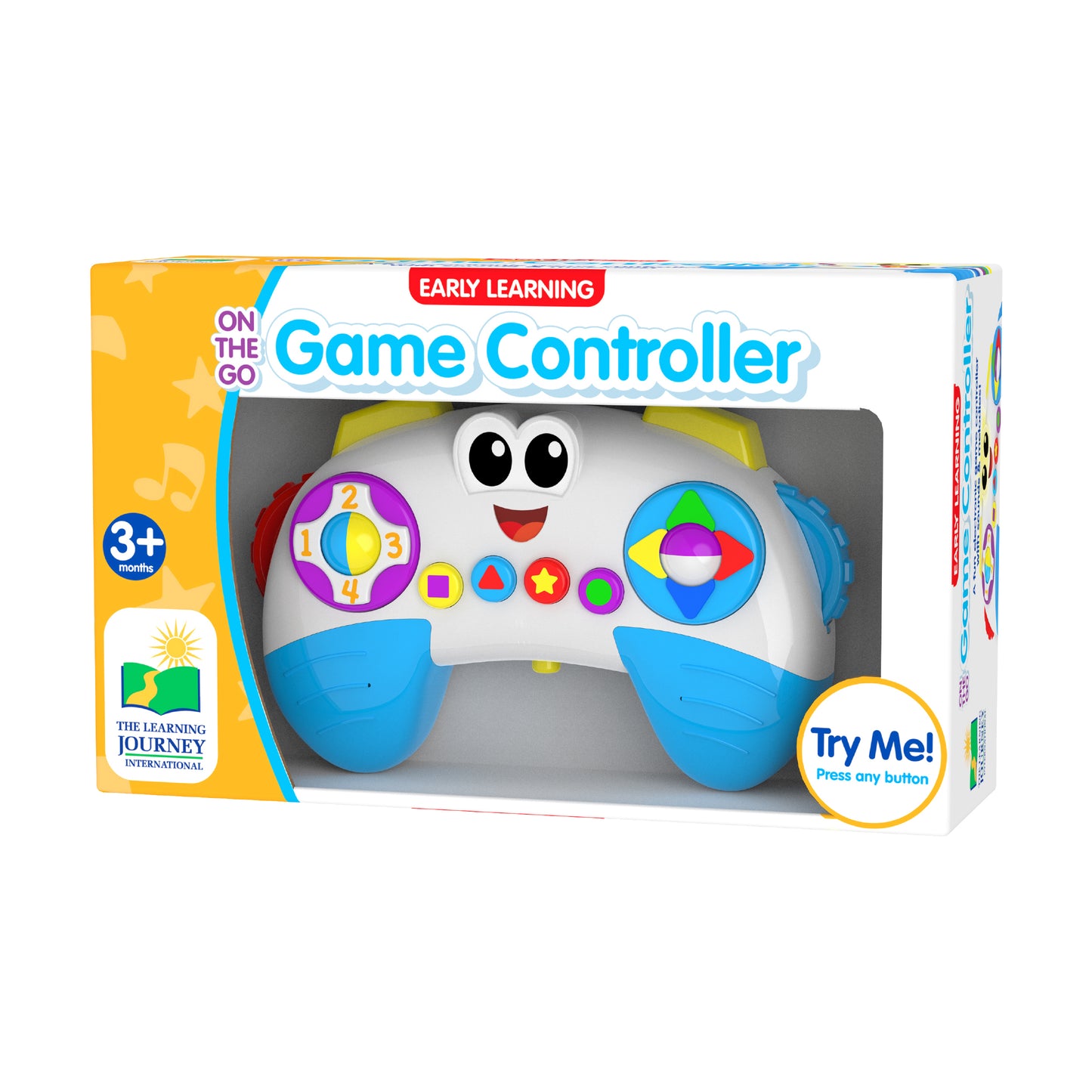 Early Learning On The Go Game Controller with white body, blue handles, smiling face, and colorful interactive buttons featuring numbers, shapes and colors