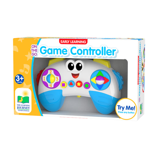 Early Learning On The Go Game Controller with white body, blue handles, smiling face, and colorful interactive buttons featuring numbers, shapes and colors