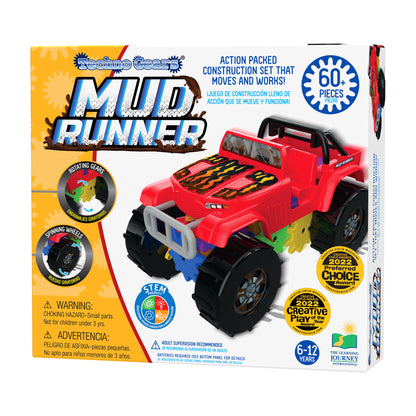 Techno Gears Mud Runner red monster truck construction set with rotating gears and spinning wheels, 60+ pieces, ages 6-12