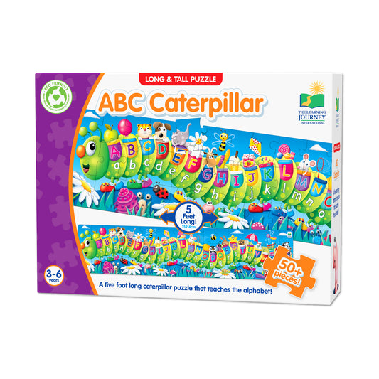 ABC Caterpillar Long & Tall Puzzle box showing colorful green caterpillar with alphabet letters A-Z, 51 pieces, 5 feet long, for ages 3-6 years