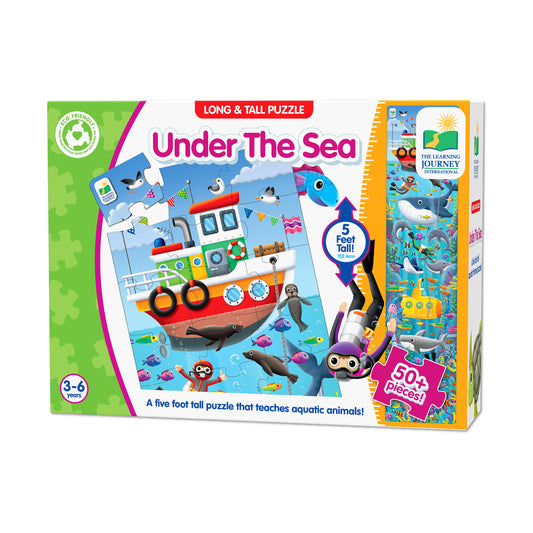 Under The Sea Long & Tall Puzzle box showing colorful underwater scene with boat, whales, diver, and fish. 5 feet tall, 50+ pieces, ages 3-6.