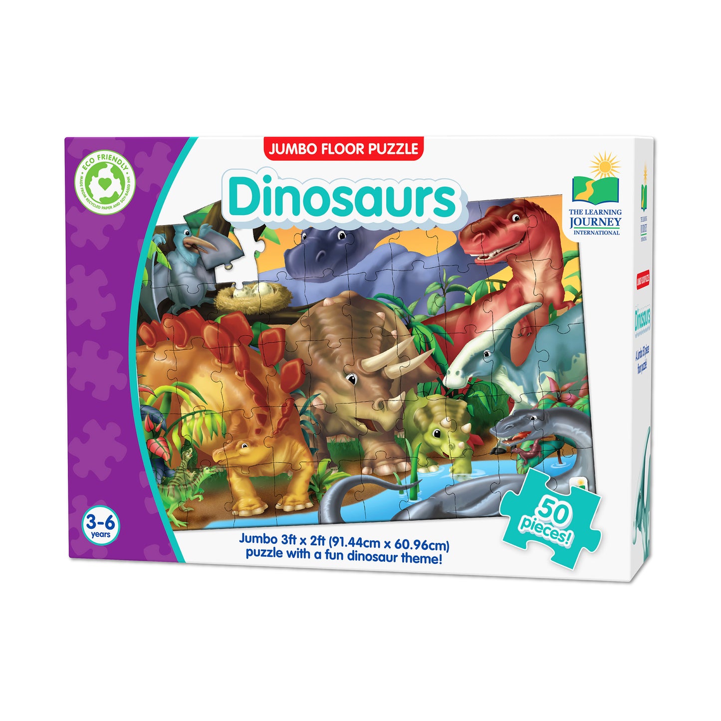 Jumbo floor puzzle box featuring colorful dinosaurs in a prehistoric landscape with multiple dinosaur species, plants, and water elements, 50 pieces, 3ft x 2ft