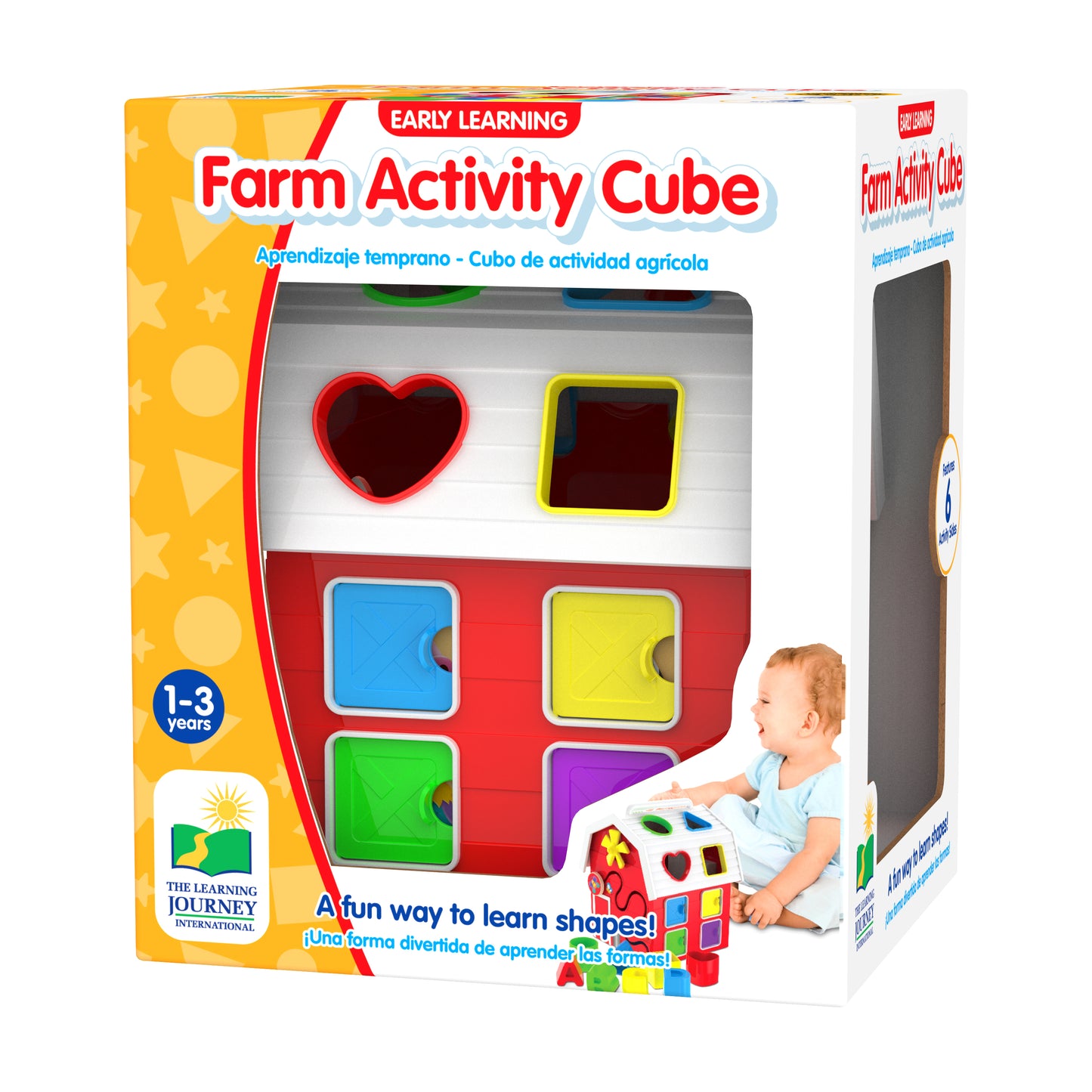 Early Learning Farm Activity Cube with colorful shape sorters including red heart and yellow square on white panel, blue, yellow, green, and purple shape slots