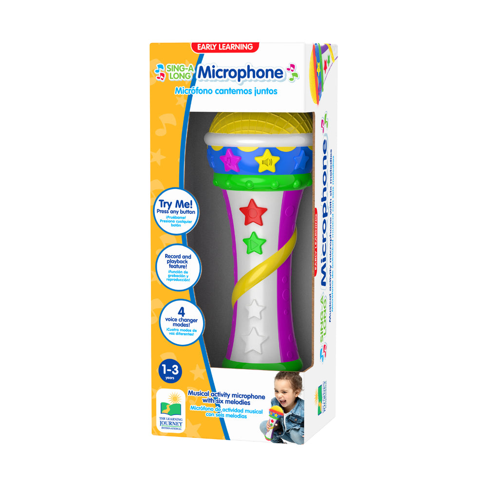 Sing-A-Long Microphone with colorful star designs on white, blue, green, and purple bands, shown in packaging with bilingual labeling for ages 1-3