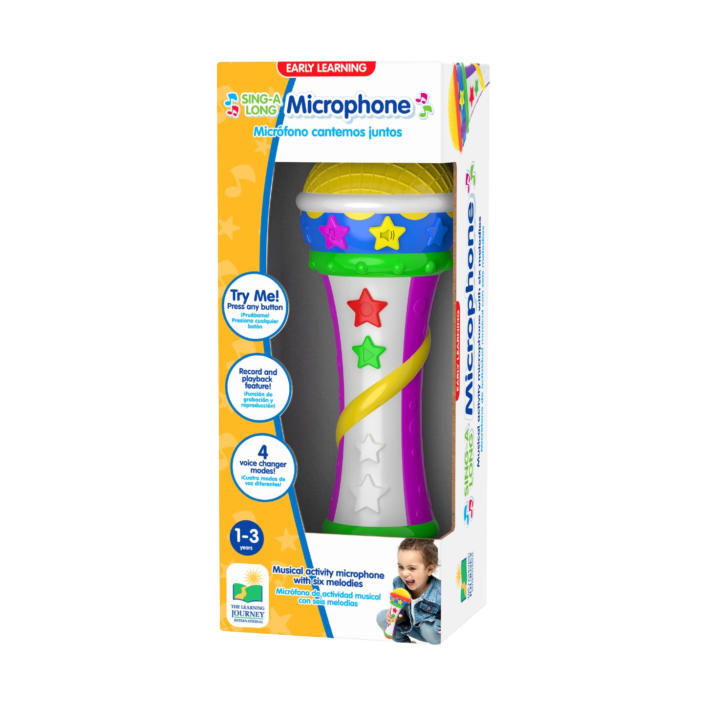 Sing-A-Long Microphone with colorful star designs on white, blue, green, and purple bands, shown in packaging with bilingual labeling for ages 1-3
