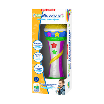 Sing-A-Long Microphone with colorful star designs on white, blue, green, and purple bands, shown in packaging with bilingual labeling for ages 1-3