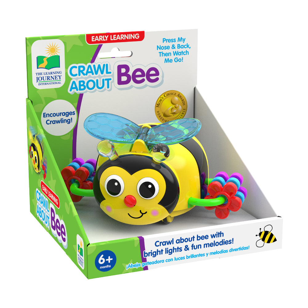 Crawl About Bee interactive toy with yellow and black body, blue transparent wings, large eyes, and colorful beaded antennae, shown in packaging