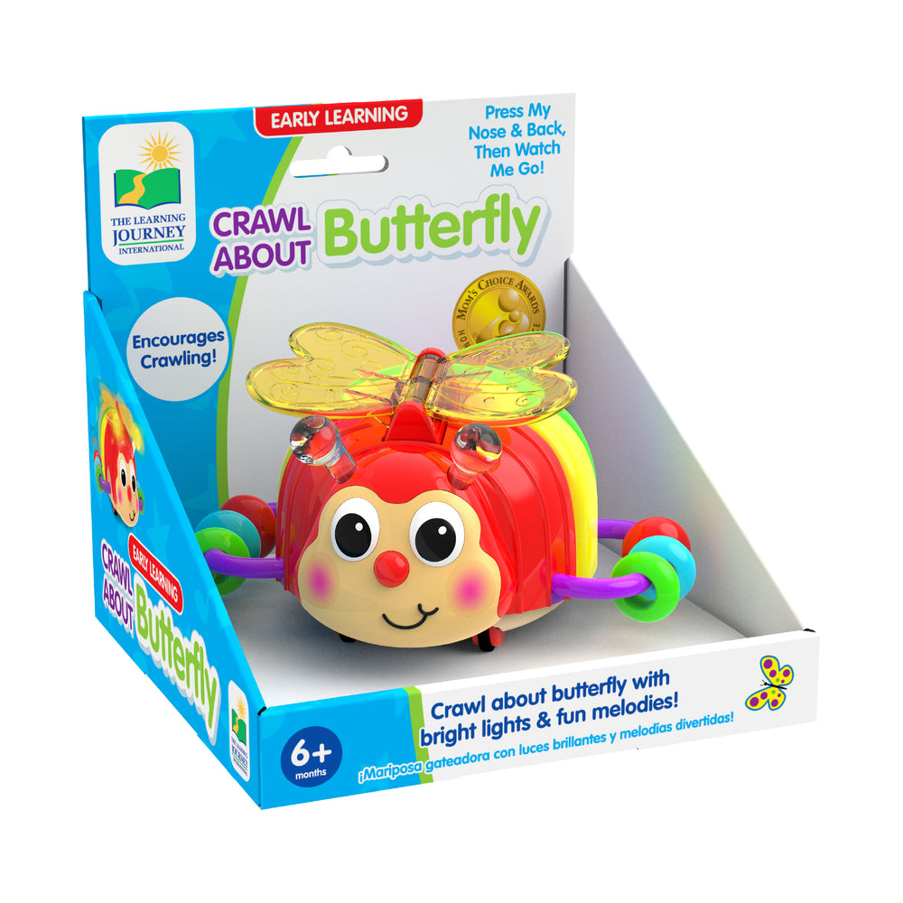 Crawl About Butterfly toy in packaging, red caterpillar-shaped with yellow wings, big eyes, colorful rings on purple arms, lights and sounds feature, for ages 6