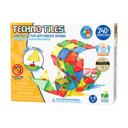 Techno Tiles Geometric Snap & Build Set box showing colorful magnetic building tiles in red, yellow, blue, and green, with 240+ pieces, for ages 4-8