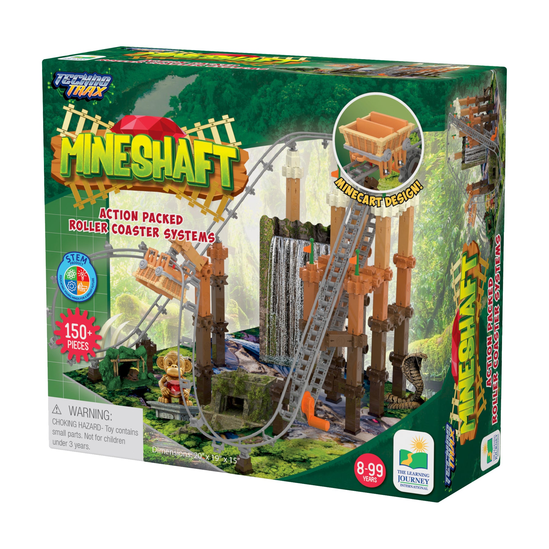 Techno Trax Mineshaft roller coaster building set with 150+ pieces, featuring wooden mine shaft tower structure with track, waterfall, and minecart design on fo