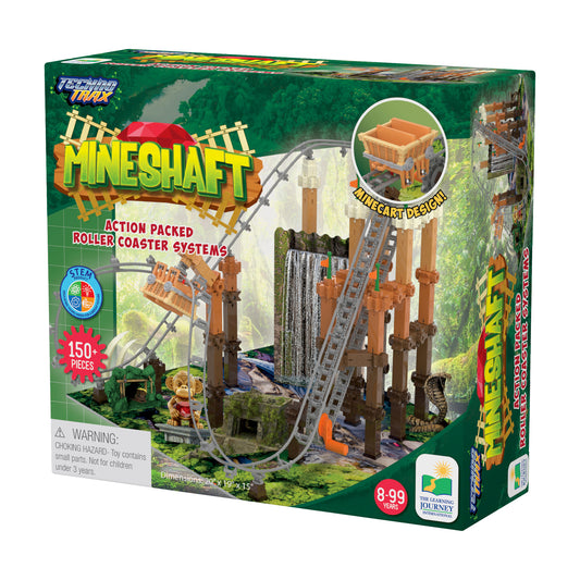 Techno Trax Mineshaft roller coaster building set with 150+ pieces, featuring wooden mine shaft tower structure with track, waterfall, and minecart design on fo