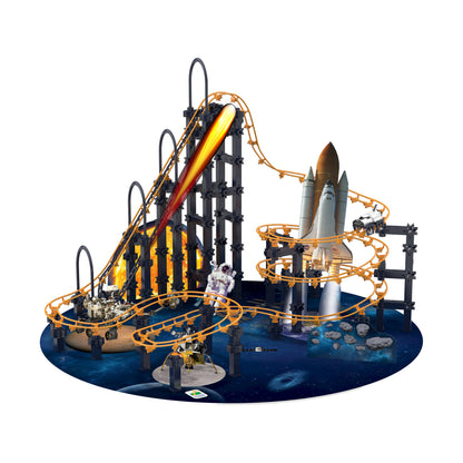 Techno Trax Galactic Adventure 300+ piece set with orange roller coaster tracks, rocket ship, and space-themed base
