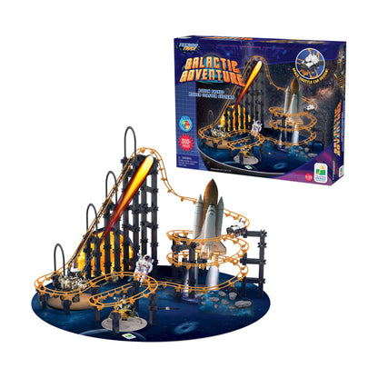Techno Trax Galactic Adventure roller coaster set with orange track, rocket shuttle, and 300+ pieces