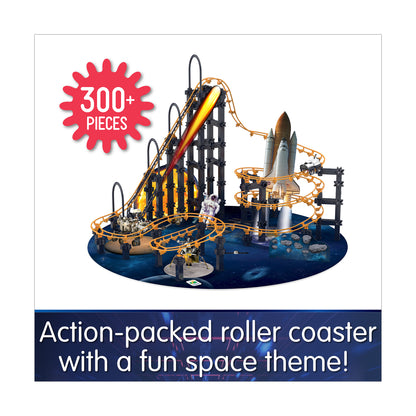 Techno Trax Galactic Adventure 300+ piece space-themed roller coaster set with orange track and rocket