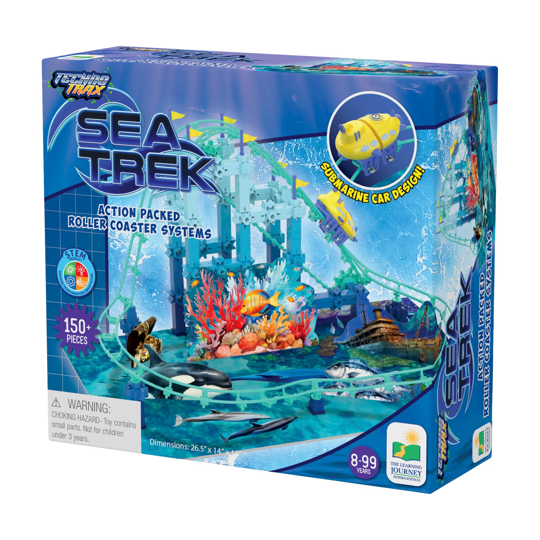 Sea Trek underwater roller coaster building set with 150+ pieces, featuring a yellow submarine car, coral reef, sunken ship, and marine life on blue track syste