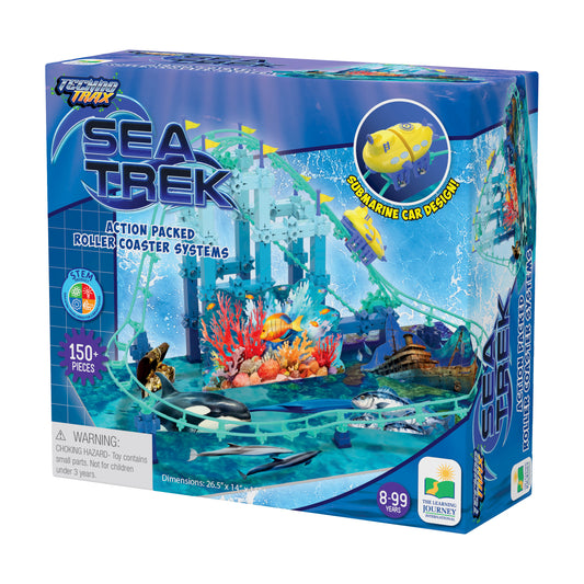 Sea Trek underwater roller coaster building set with 150+ pieces, featuring a yellow submarine car, coral reef, sunken ship, and marine life on blue track syste