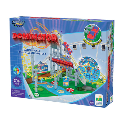 Techno Trax Dominator roller coaster building set with 300+ pieces, featuring yellow and red track loops, a Ferris wheel, and custom car design options on green