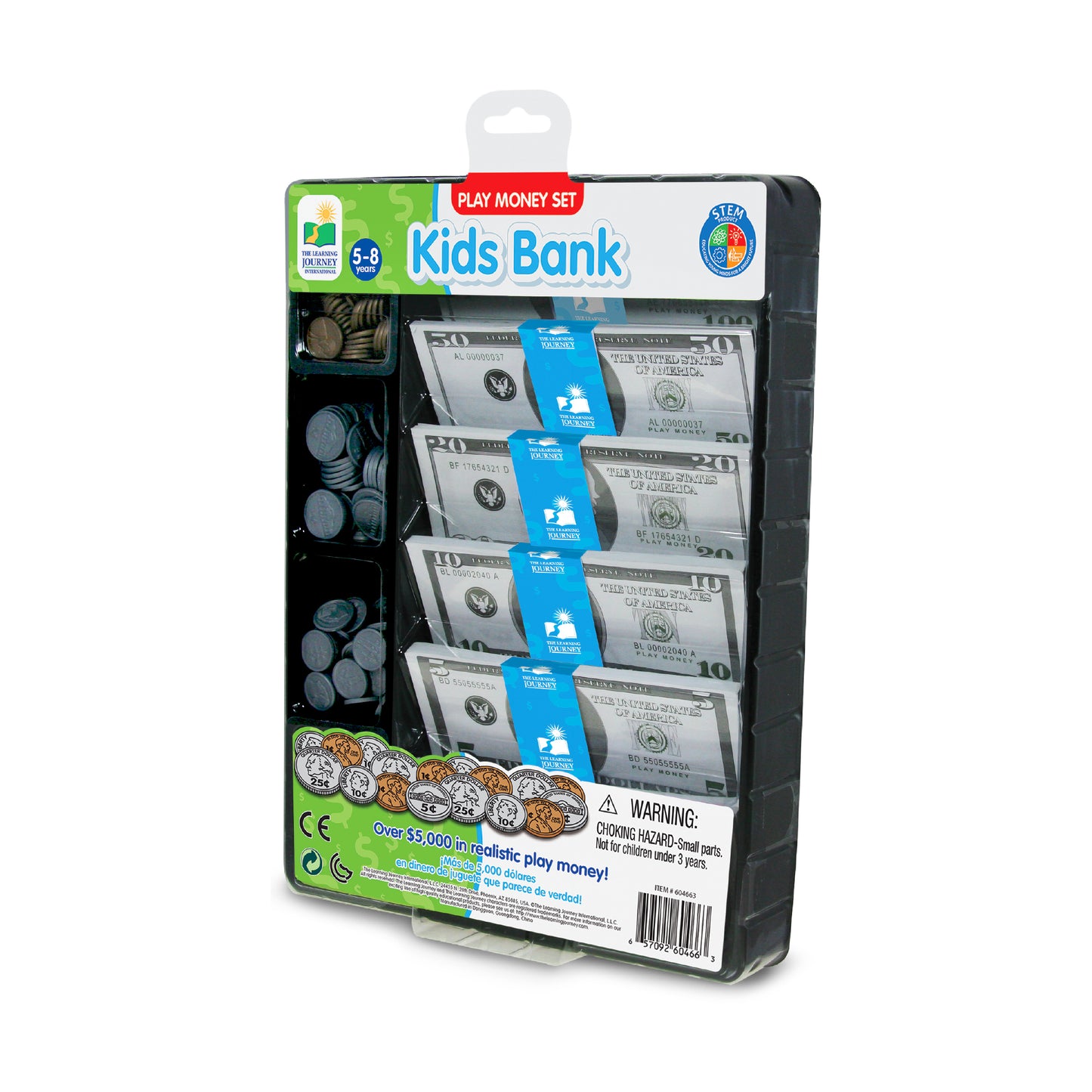 Kids Bank Ultimate Play Money Set with realistic toy $50 and $10 bills, play coins in compartments, and blue currency bands, ages 5-8
