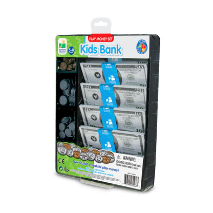 Kids Bank Ultimate Play Money Set with realistic toy $50 and $10 bills, play coins in compartments, and blue currency bands, ages 5-8