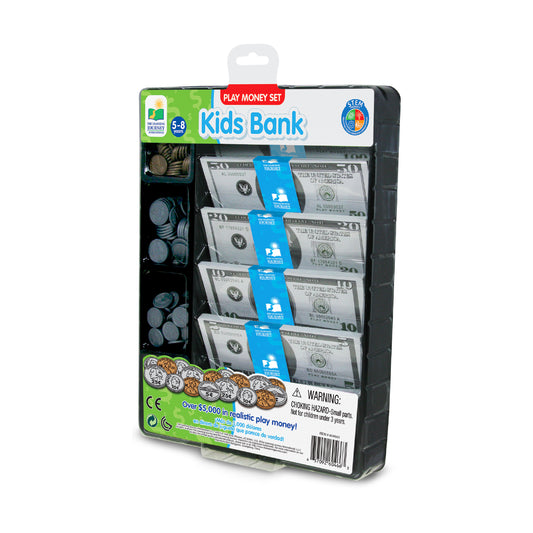 Kids Bank Ultimate Play Money Set with realistic toy $50 and $10 bills, play coins in compartments, and blue currency bands, ages 5-8