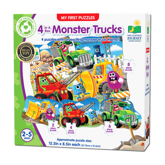 My First Puzzles 4 in a Box Monster Trucks puzzle set box showing four colorful monster truck-themed puzzles with cartoon characters and construction scenes