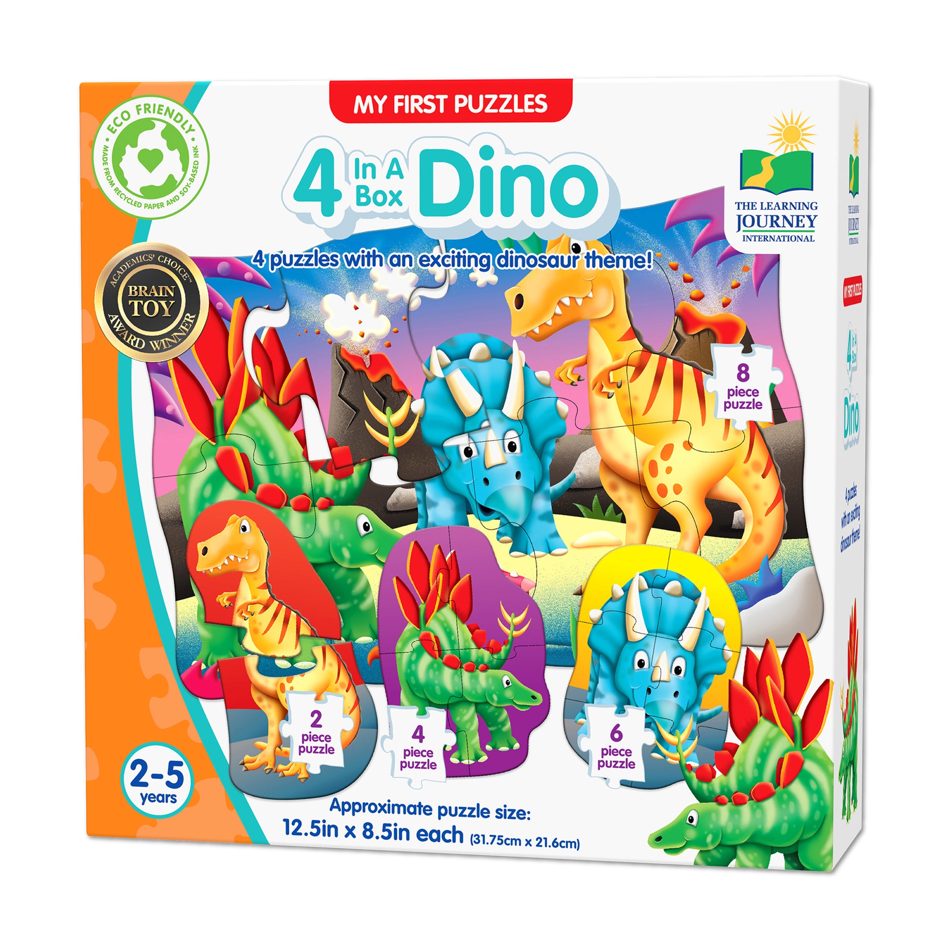 My First Puzzles 4 in a Box Dino set with colorful dinosaurs and prehistoric plants, containing four puzzles with 2, 4, 6, and 8 pieces