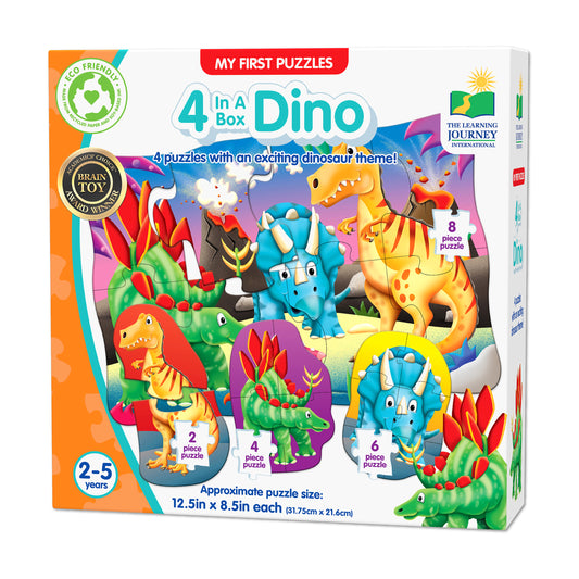 My First Puzzles 4 in a Box Dino set with colorful dinosaurs and prehistoric plants, containing four puzzles with 2, 4, 6, and 8 pieces
