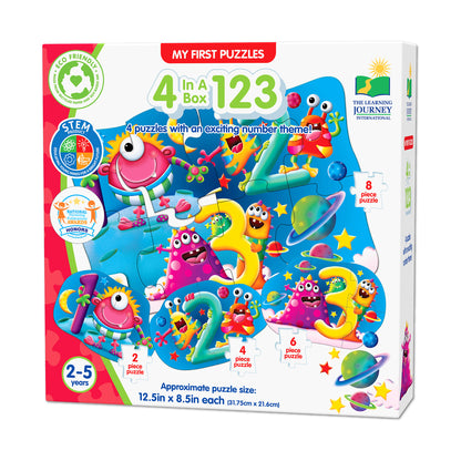 My First Puzzles 4 In A Box 123 set with colorful monster characters and number theme, includes four jigsaw puzzles with 2, 4, 6, and 8 pieces for ages 2-5