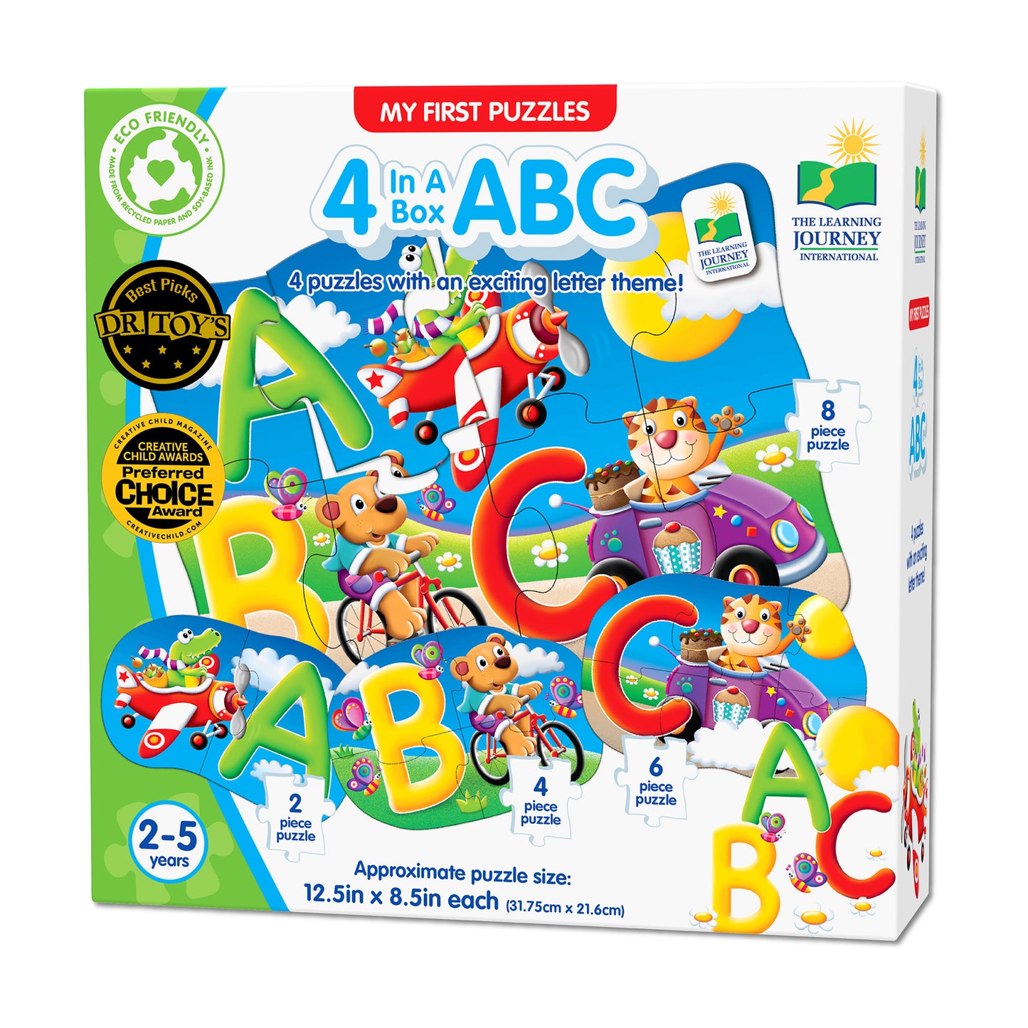 My First Puzzles ABC 4-in-a-Box set featuring colorful letter-themed puzzles with animals and vehicles, ages 2-5, includes 2, 4, 6, and 8-piece puzzles