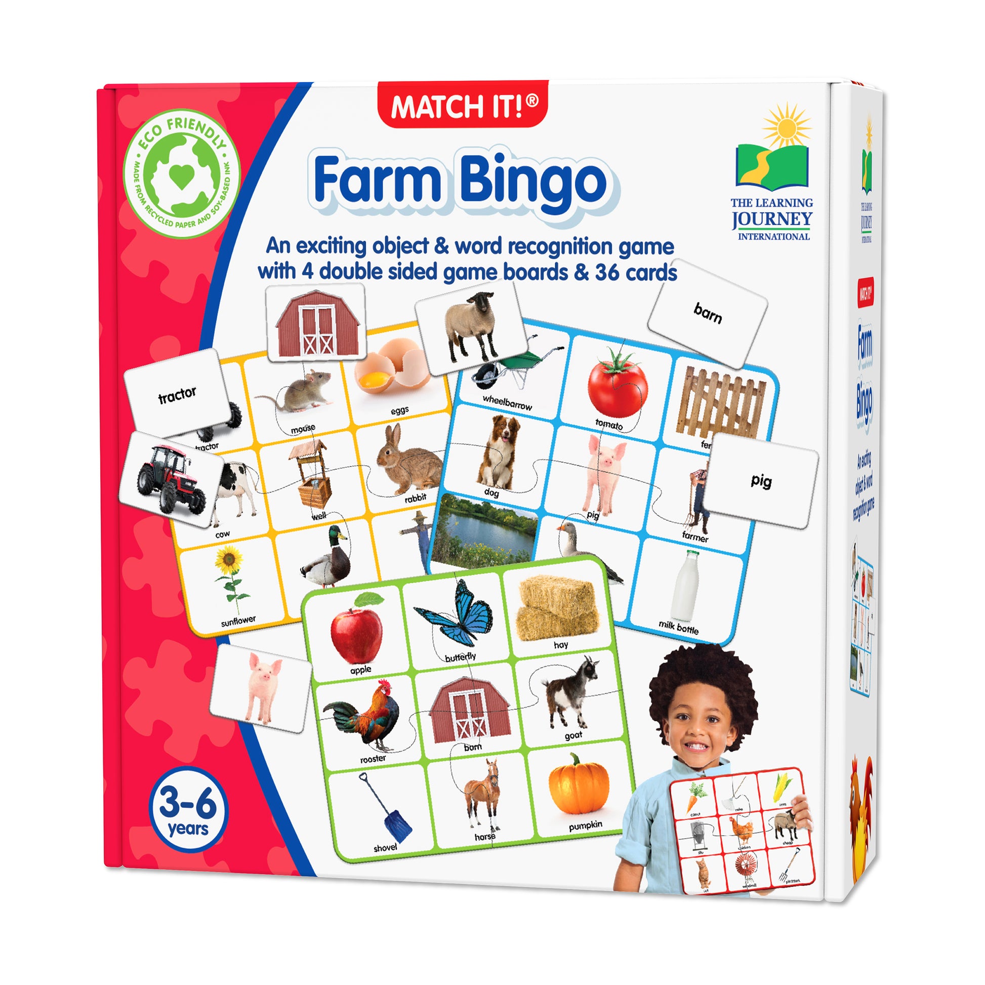 Match It! Farm Bingo game box showing colorful bingo boards with farm animals, crops, and objects, modeled by a child holding a card, for ages 3-6