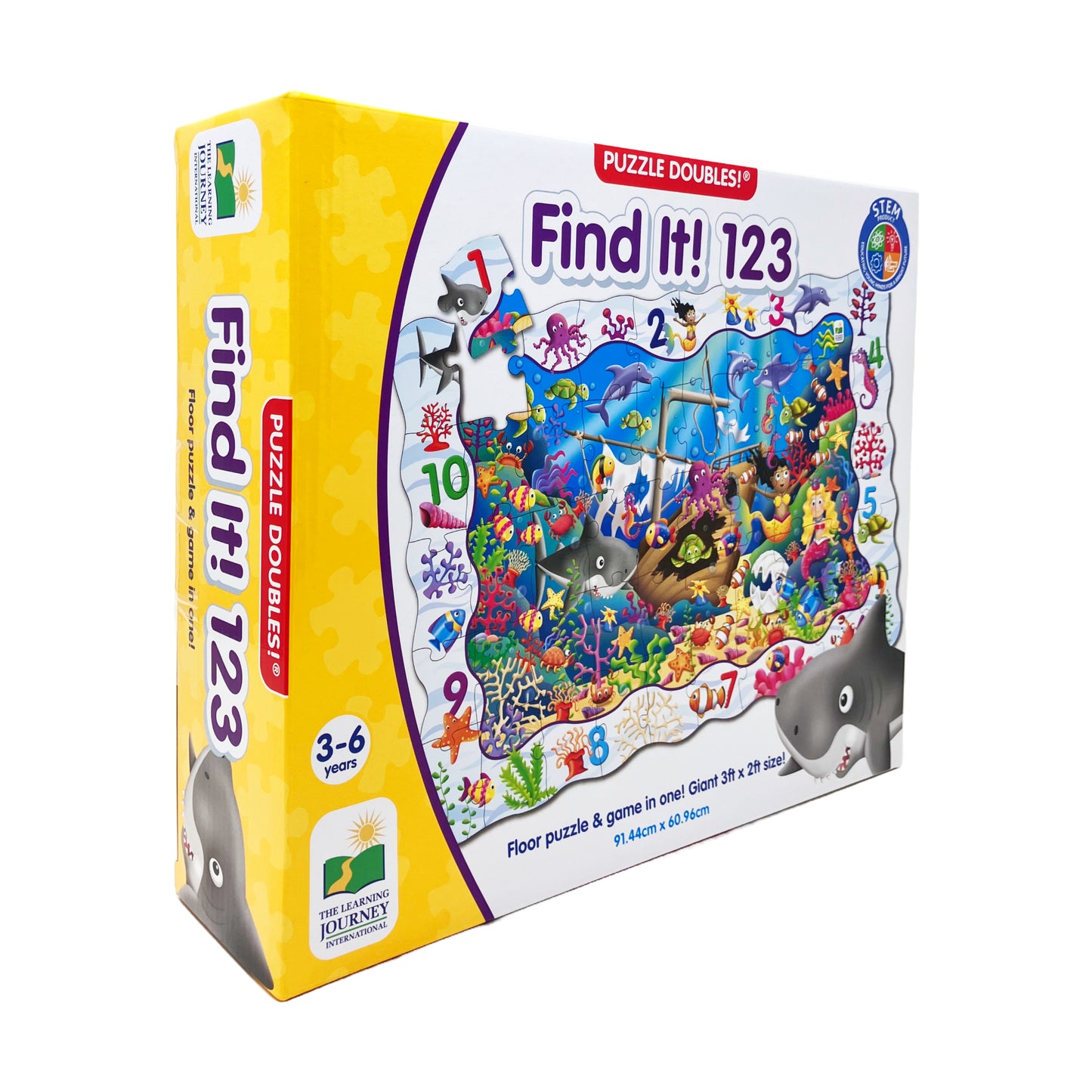 Puzzle Doubles! Find It! 123 floor puzzle box showing underwater scene with numbered objects, colorful sea creatures, and coral reef. Yellow box with gray whale