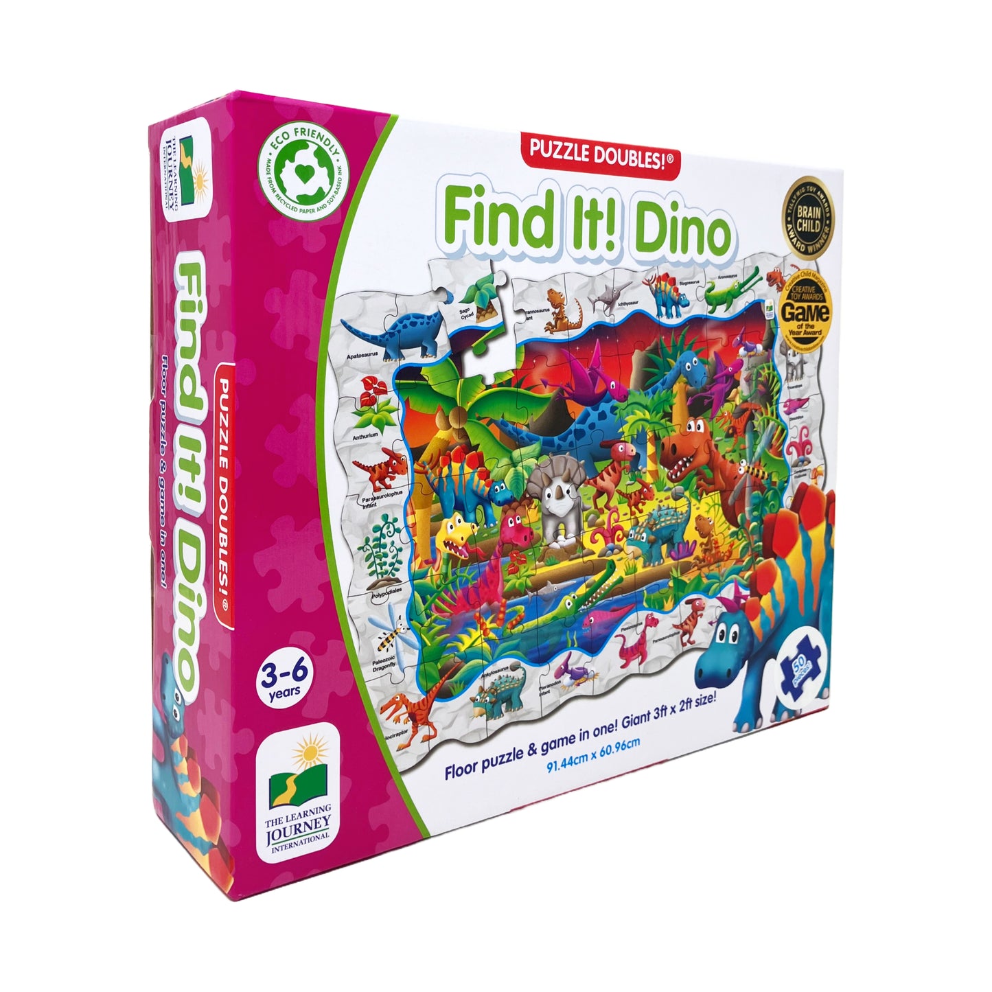 Puzzle Doubles Find It Dino floor puzzle box showing colorful dinosaur scene with 50 pieces, eco-friendly packaging, ages 3-6