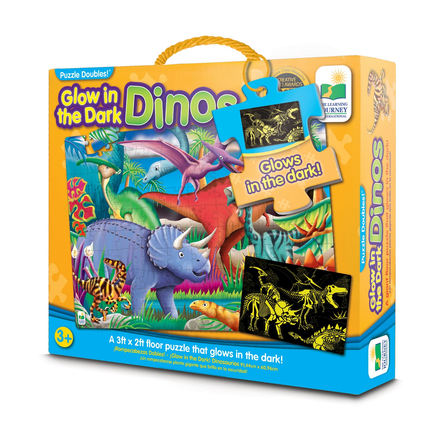 Puzzle Doubles! Glow in the Dark Dinos box featuring a 3ft x 2ft floor puzzle with colorful dinosaurs and glow-in-the-dark pieces