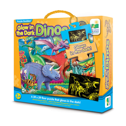 Puzzle Doubles! Glow in the Dark Dinos box featuring a 3ft x 2ft floor puzzle with colorful dinosaurs and glow-in-the-dark pieces