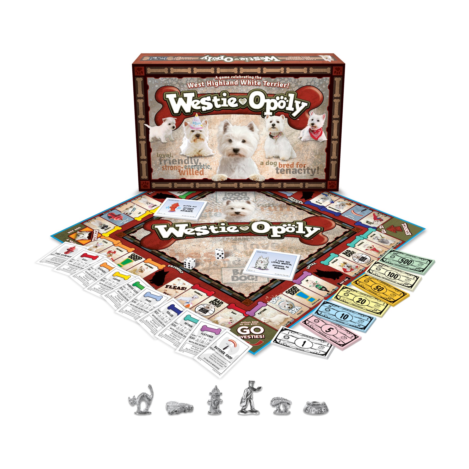Westie-opoly board game featuring West Highland White Terrier dogs, game board, colorful money, dice, and metal playe...