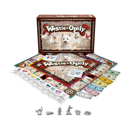 Westie-opoly board game featuring West Highland White Terrier dogs, game board, colorful money, dice, and metal playe...