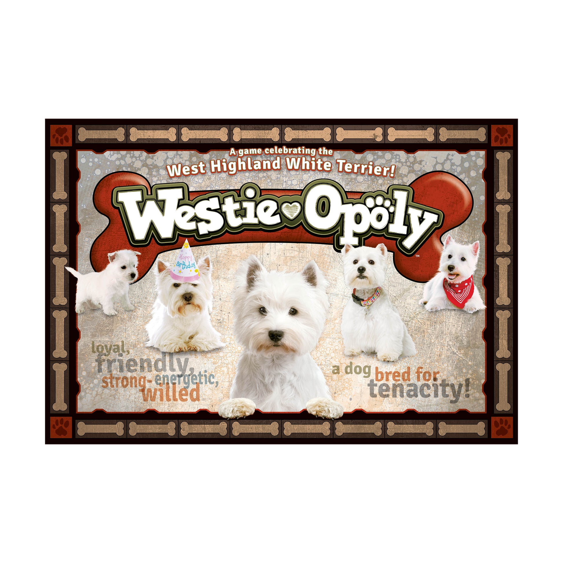 Westie-opoly board game featuring West Highland White Terrier dogs with bone-themed border