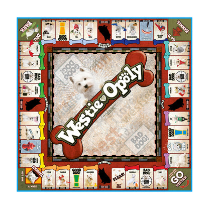 Westie-opoly board game featuring white West Highland Terrier dog theme with red and blue game board