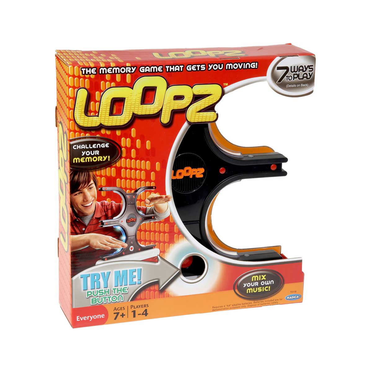 Loopz interactive memory game box showing red and orange packaging with yellow logo, black and orange handheld device, and child modeled playing on package fron