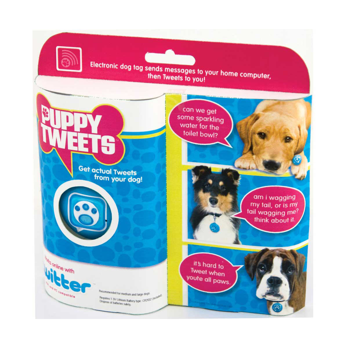 Puppy Tweets electronic dog tag packaging with blue and pink design, showing product features and example dogs with speech bubbles