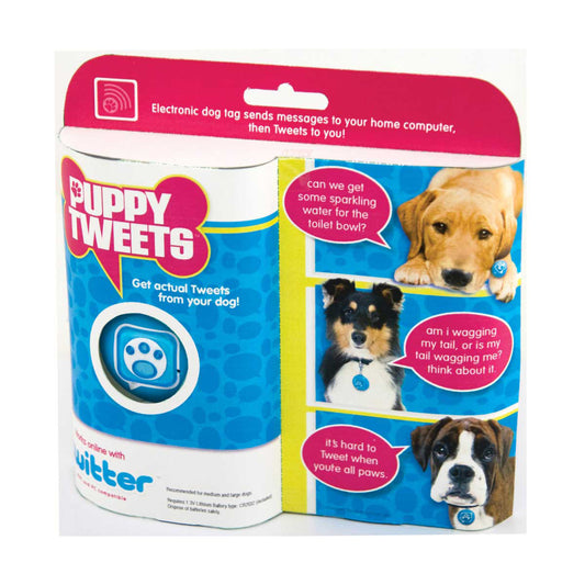 Puppy Tweets electronic dog tag packaging with blue and pink design, showing product features and example dogs with speech bubbles