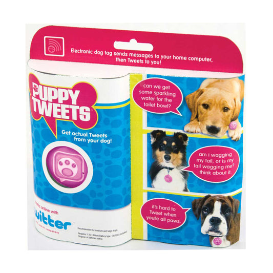 Puppy Tweets pink electronic dog tag packaging showing product tag with paw print design and three dogs with tweet speech bubbles