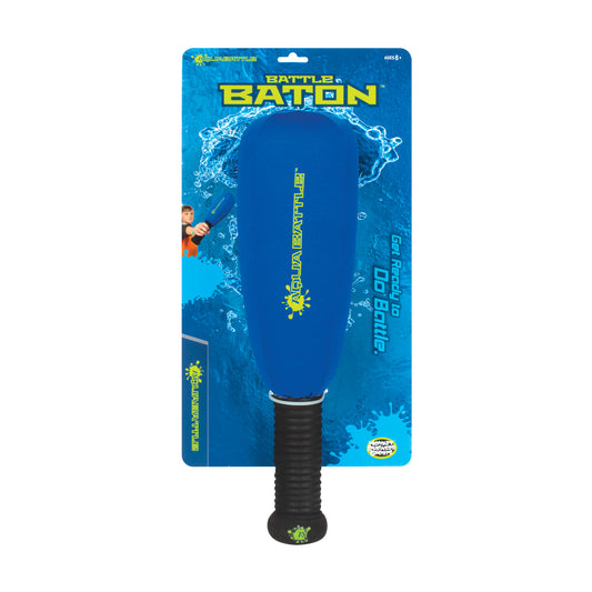 Blue foam battle baton with black grip handle on packaging showing water splash graphics and product branding